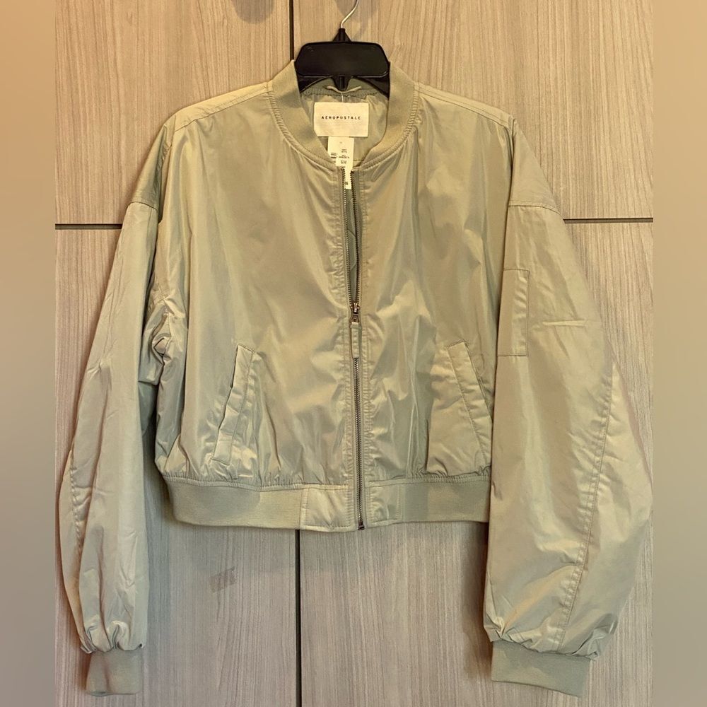 Aeropostale Cropped Bomber Jacket Large Green Zip Front